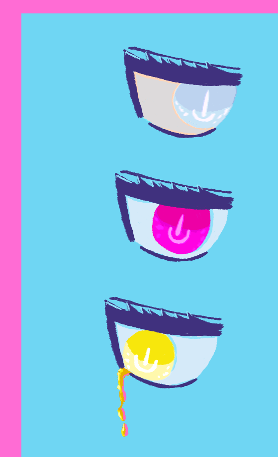 Silver, fuchsia-lit Red, and Golden Spectral Eyes. There are sharp pupils for each, and they are implied to be the Chandrani-Rivera triplets' -- Raj, Antonio and Fernando's eyes respectively. Raj looks to the top right, Antonio center, and Fernando to the bottom left. Fernando's Gold iris is bleeding gold fluid--Spectral power.
